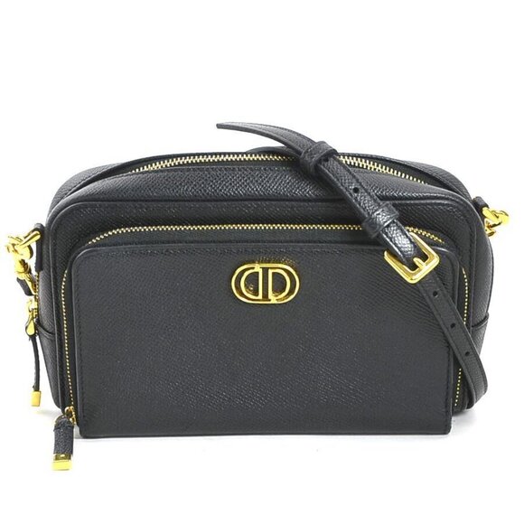 Auth Christian Dior Caro Shoulder Bag Black Leather